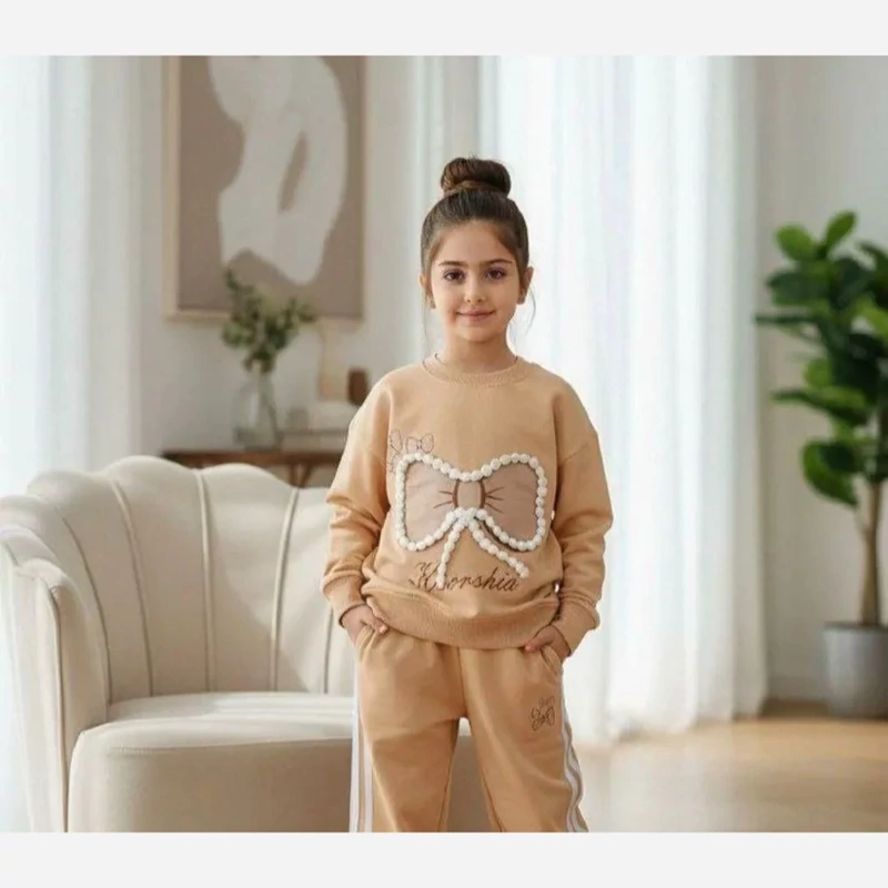 بلوز شلوار دخترانه سوپر پنبه دورس پاپیون برجسته